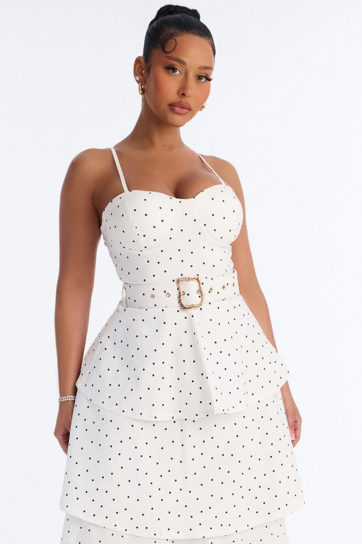 Jackie Ruffle Polka Dot Midi Dress - White/Black