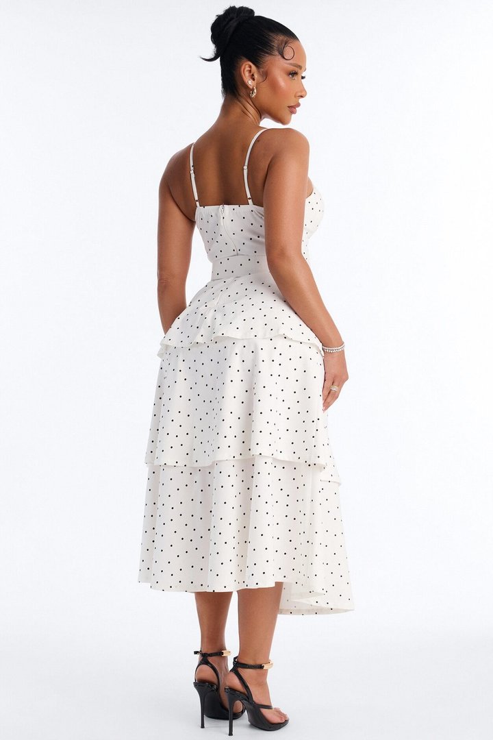 Jackie Ruffle Polka Dot Midi Dress - White/Black
