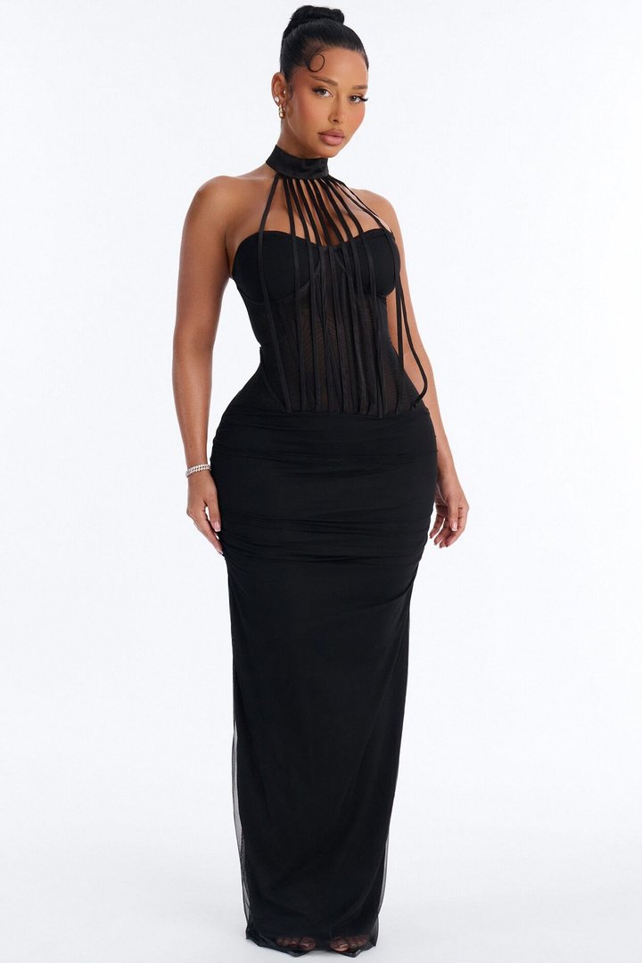 Allison Sheer Corset Maxi Dress - Black