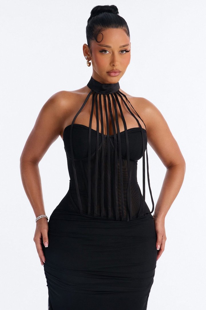 Allison Sheer Corset Maxi Dress - Black