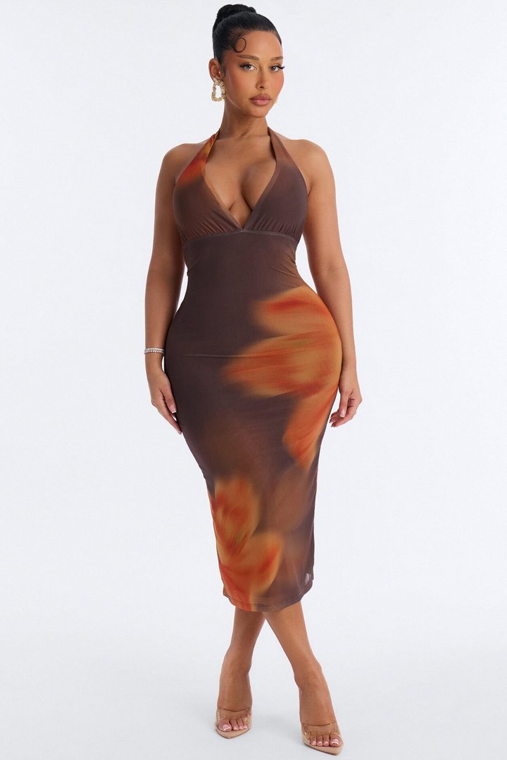 Antonia Floral Mesh Midi Dress - Brown/combo