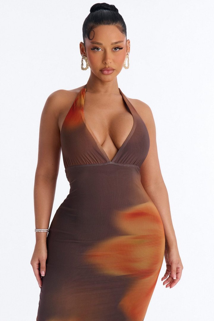 Antonia Floral Mesh Midi Dress - Brown/combo
