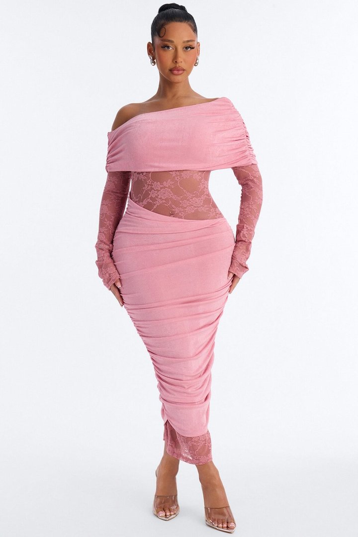 Nadia Lace Slinky Midi Dress - Mauve