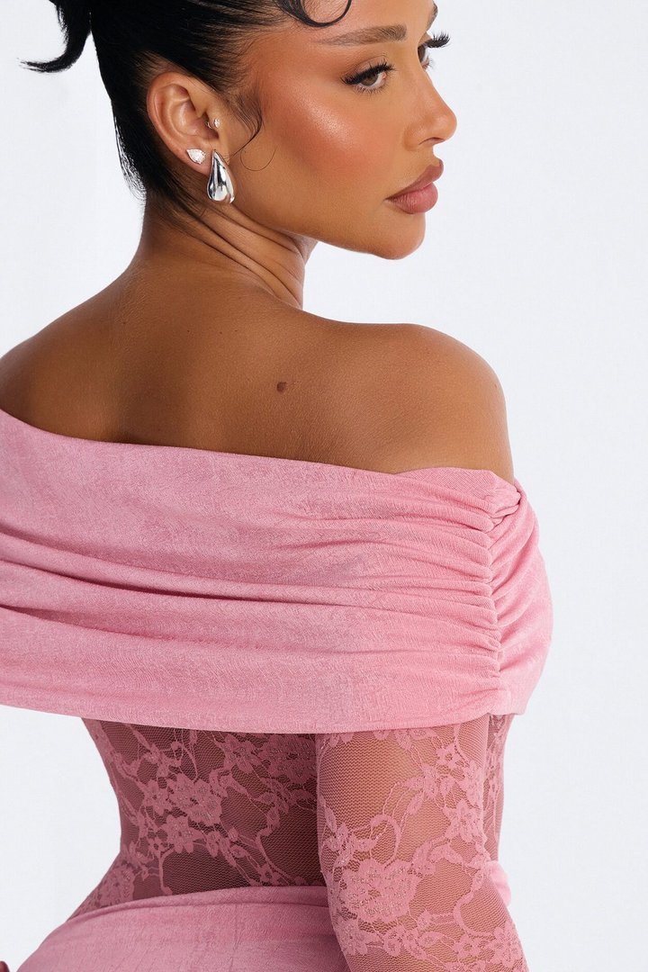 Nadia Lace Slinky Midi Dress - Mauve