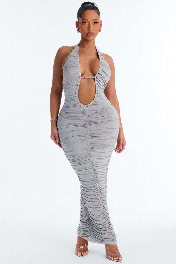 Star Studded Halter Maxi Dress - Grey