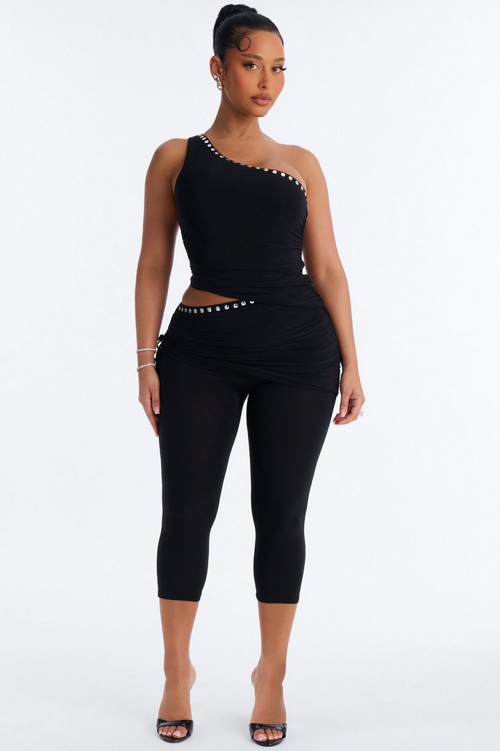 Jade One Shoulder Studded Capri Set - Black