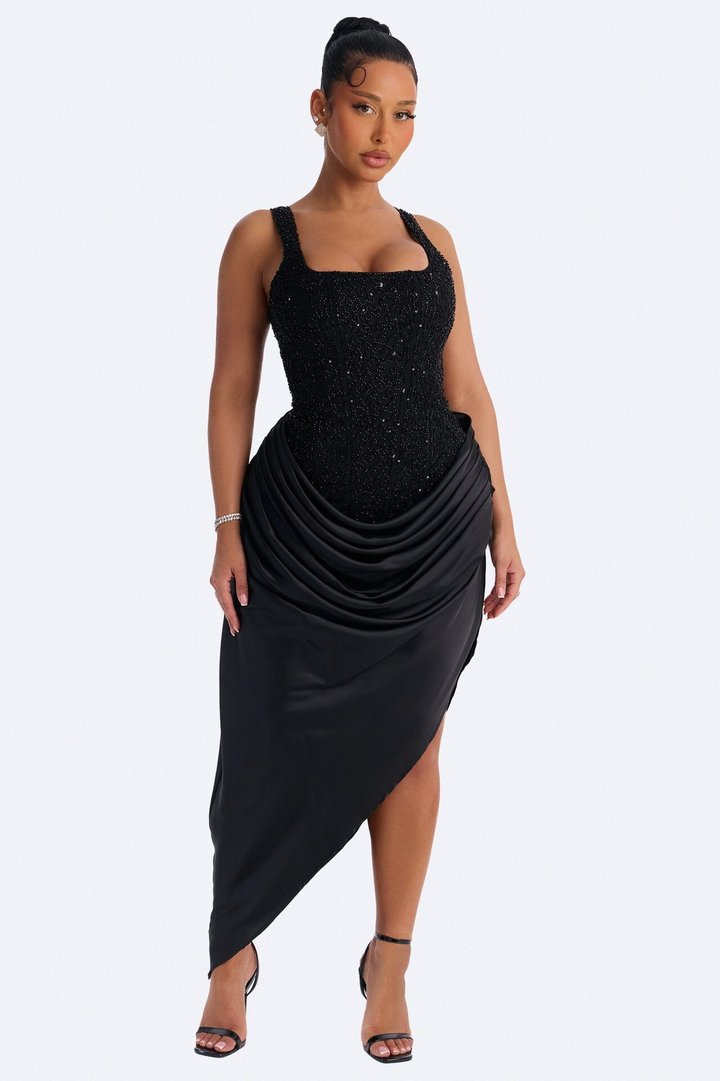 Kylee Embellished Draped Maxi Dress - Black