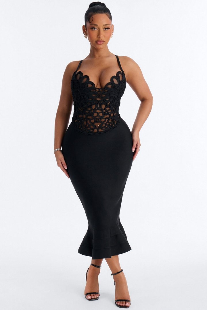 Monique Bandage Mermaid Midi Dress - Black