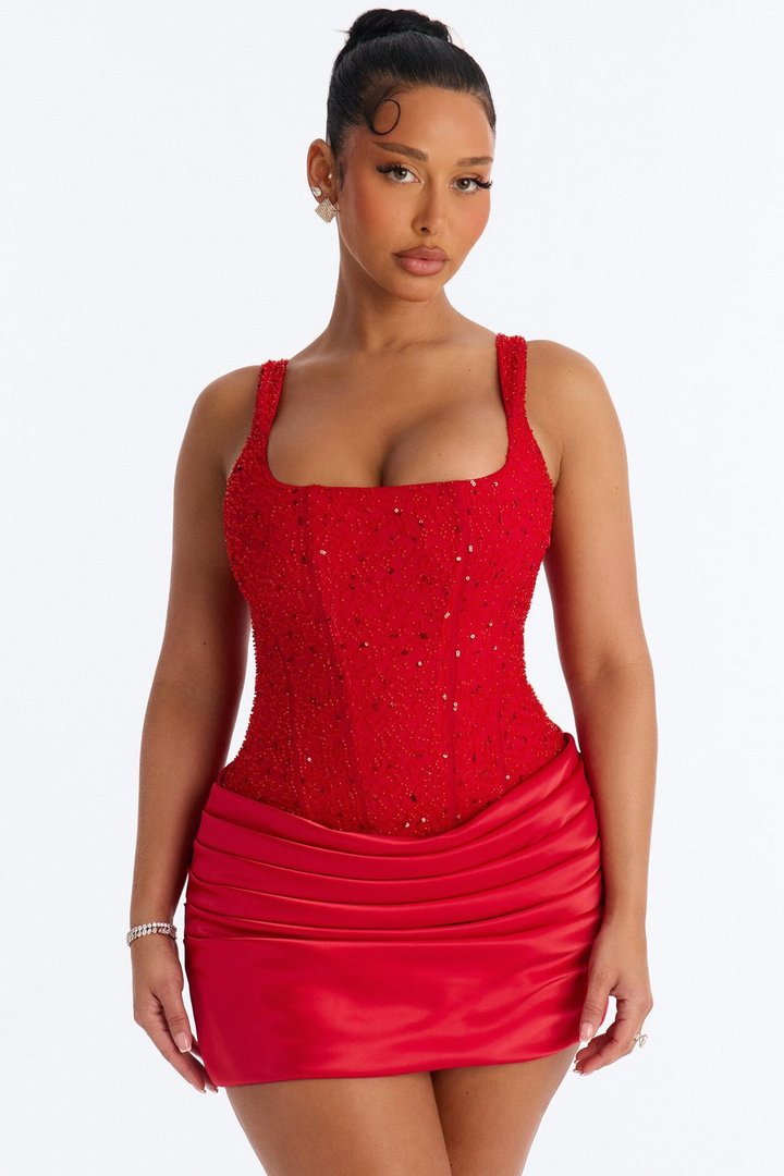 Kylee Embellished Draped Mini Dress - Red