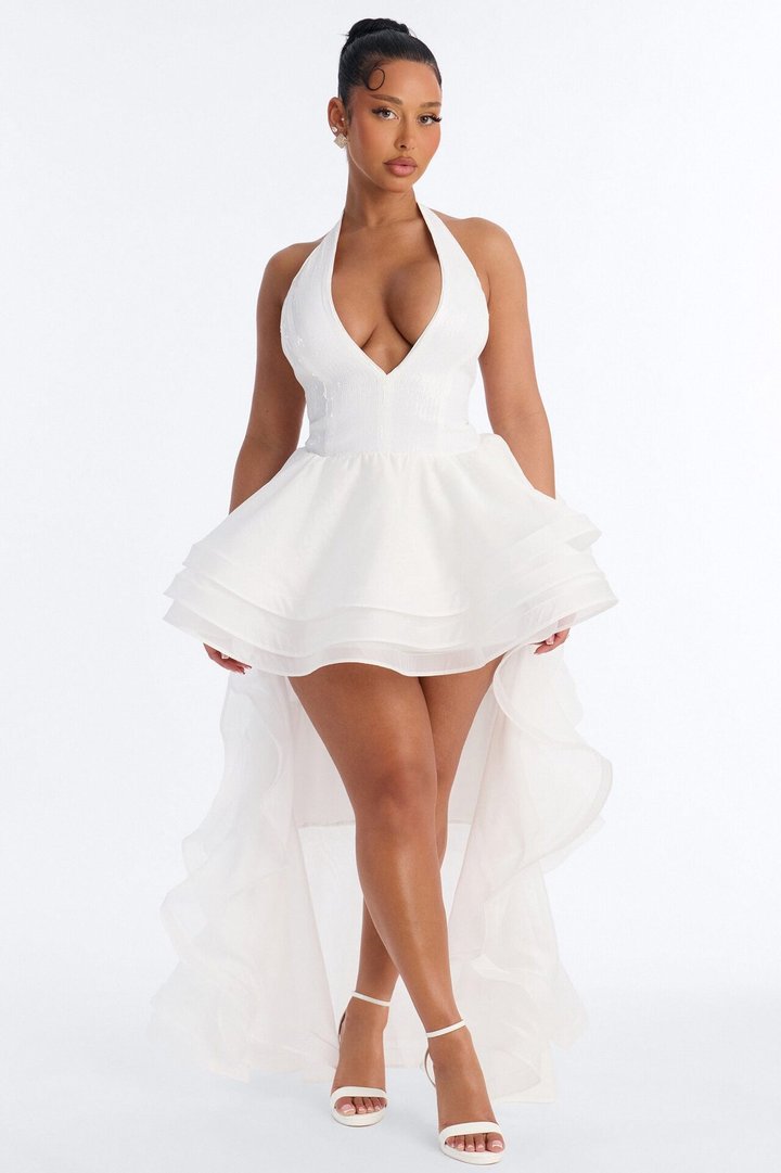 Mila Sequin High Low Gown - White
