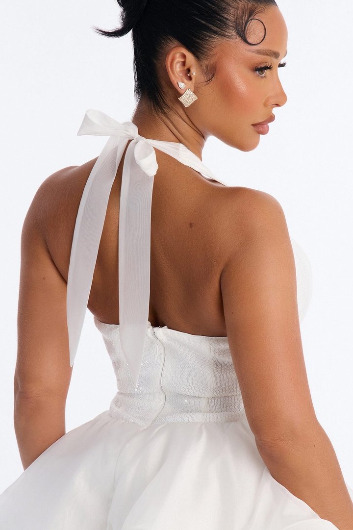 Mila Sequin High Low Gown - White
