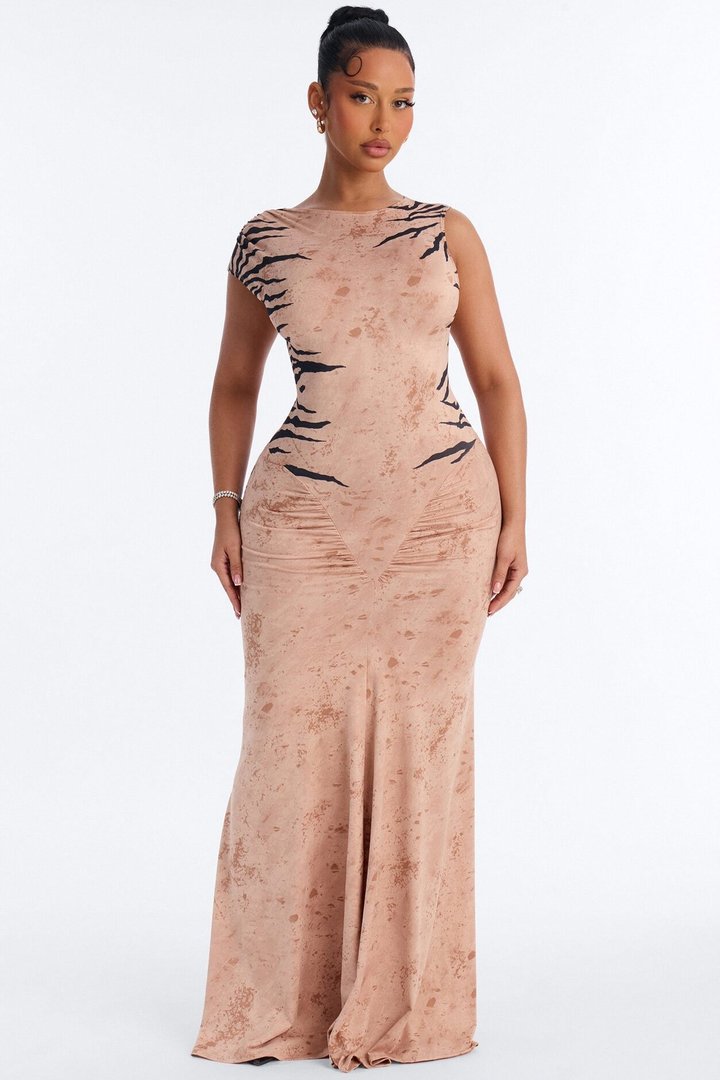 In The Wild Animal Backless Maxi Dress - Taupe/combo