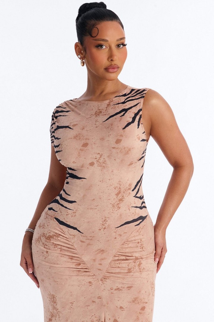 In The Wild Animal Backless Maxi Dress - Taupe/combo