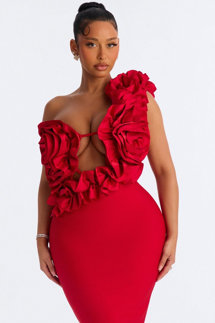 Hold Me Closer Ruffle Bandage Midi Dress - Red