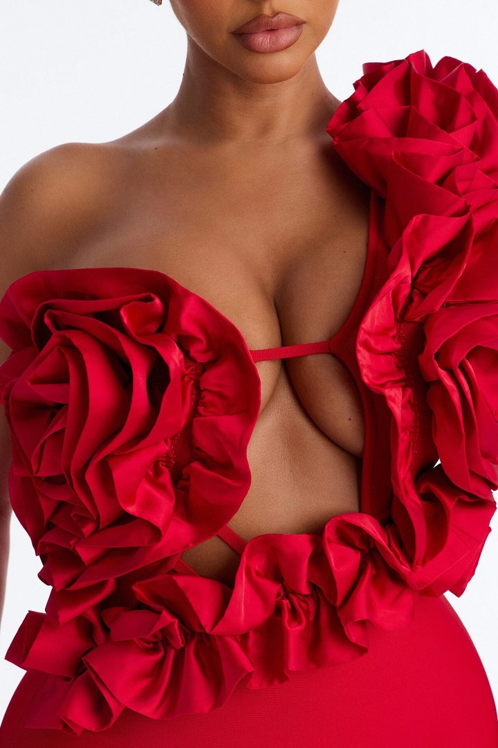 Hold Me Closer Ruffle Bandage Midi Dress - Red
