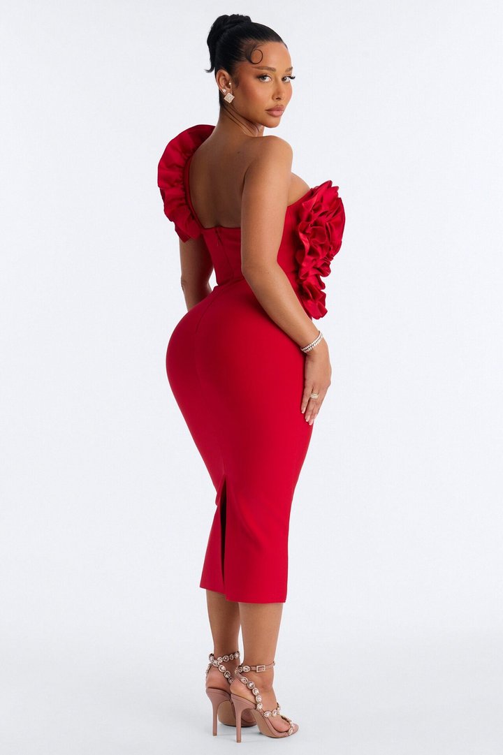 Hold Me Closer Ruffle Bandage Midi Dress - Red