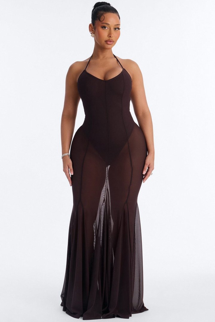 Power Mesh V Neck Halter Maxi Dress - Chocolate