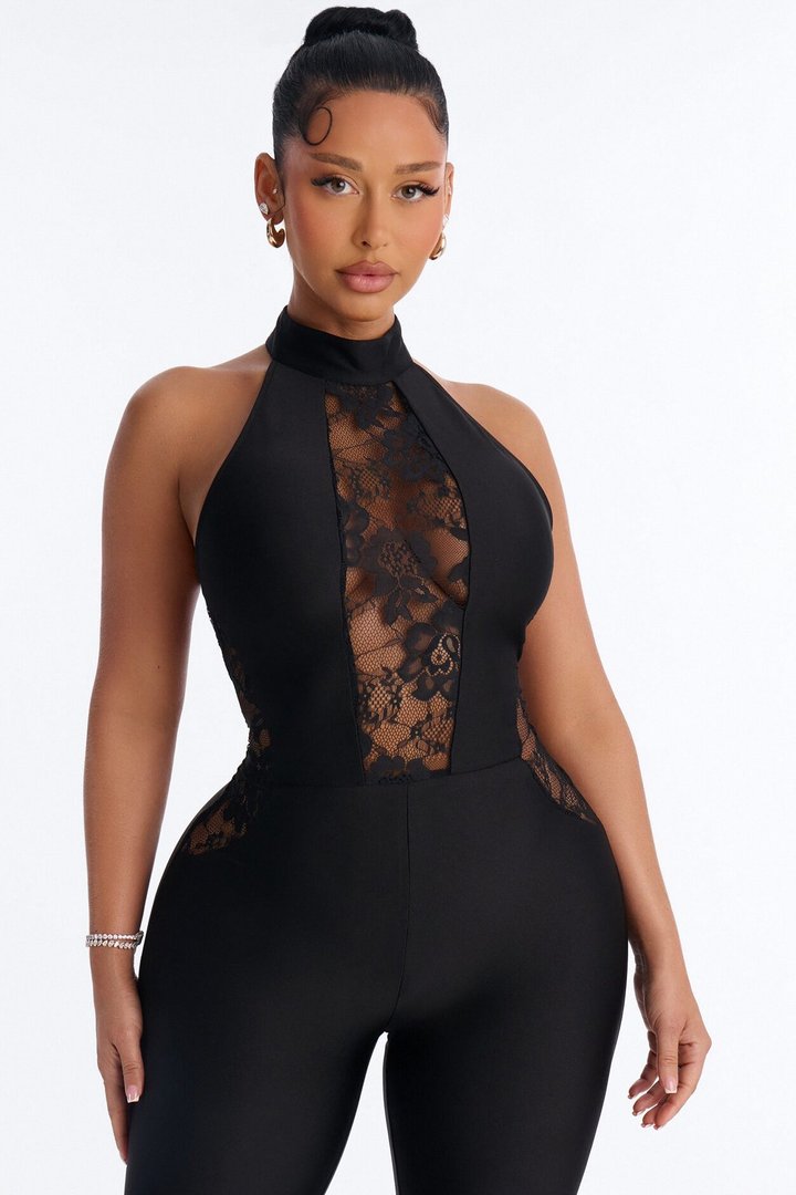 So Tempting Sleeveless Lace Trim Jumpsuit - Black