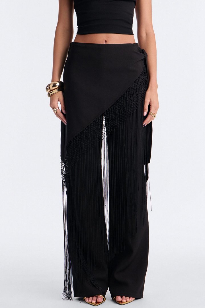 Willow Wrap Fringe Straight Leg Trouser - Black