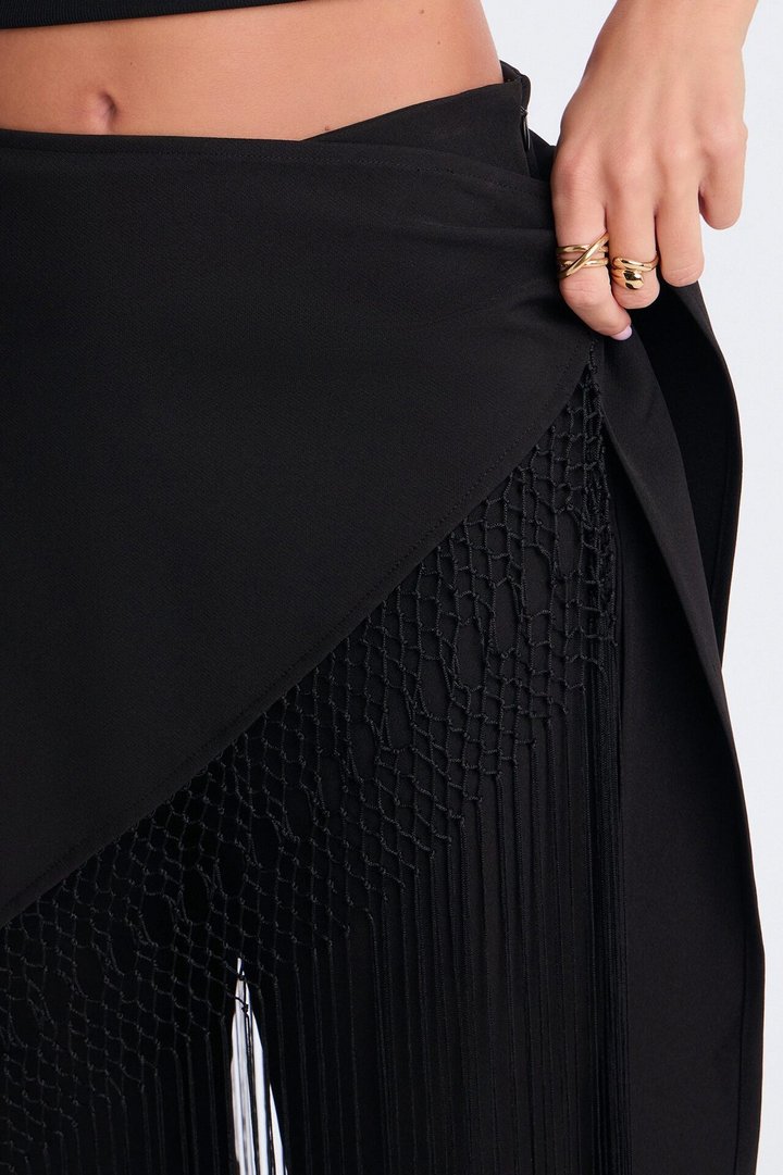 Willow Wrap Fringe Straight Leg Trouser - Black