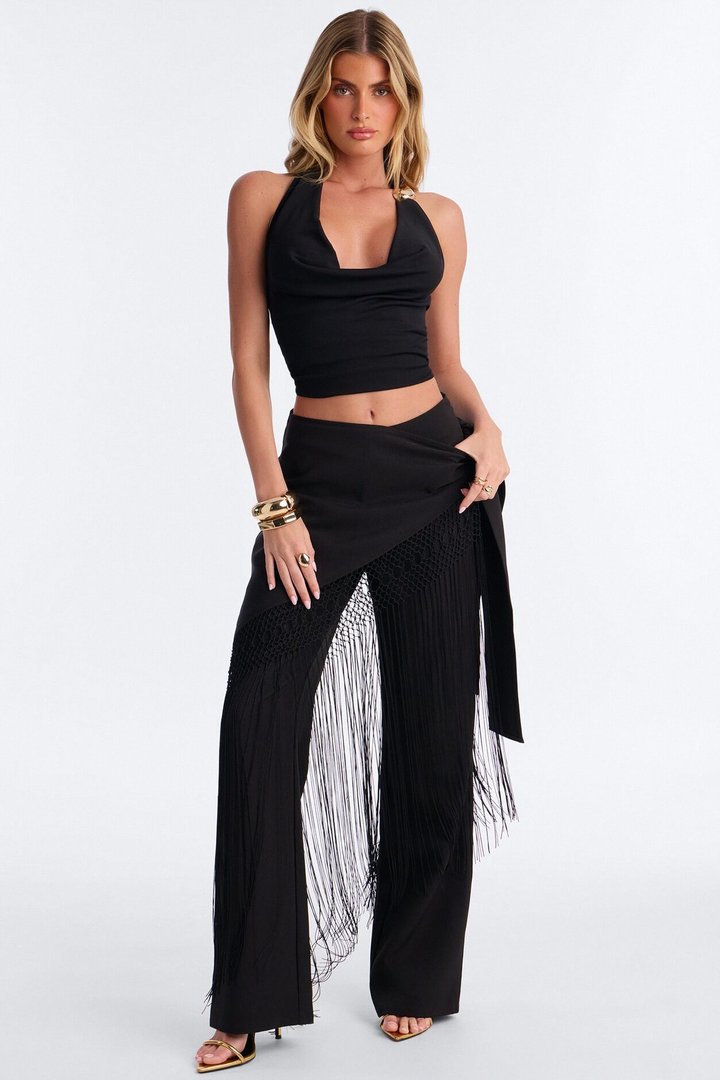 Willow Wrap Fringe Straight Leg Trouser - Black