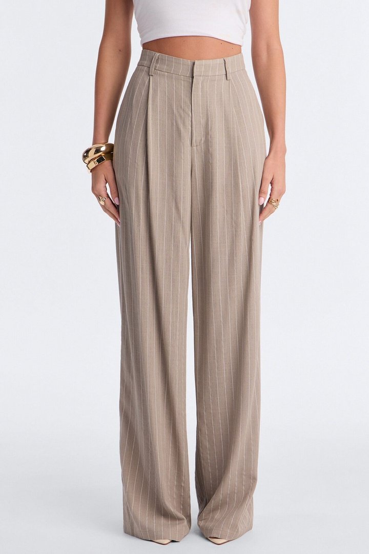 Brittany High Waisted Pleated Wide Leg Trouser - Stone