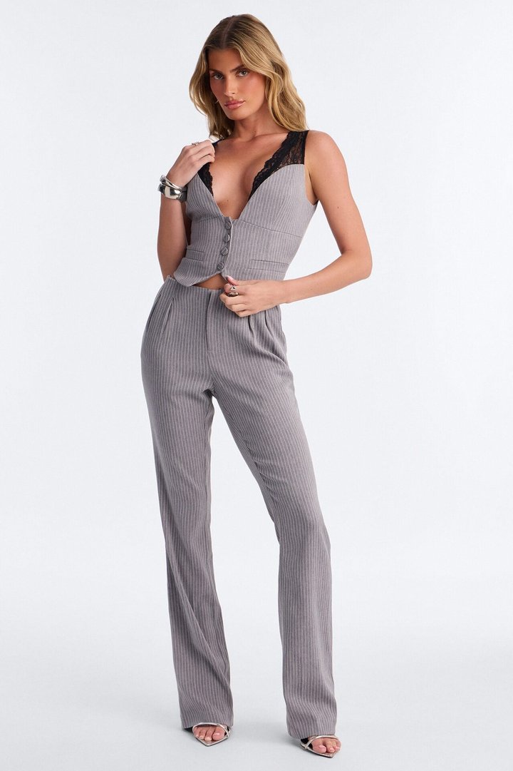 Boss Babe Pinstripe Pant Set - Grey