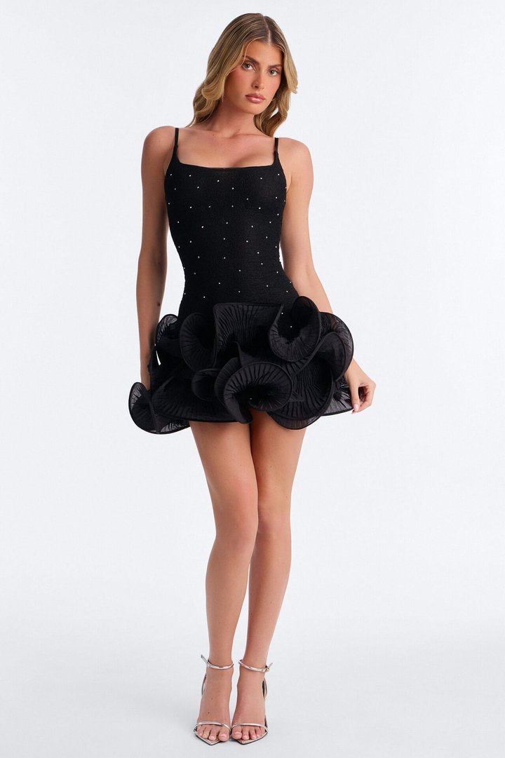 Maeve Ruffle Lace Mini Dress - Black