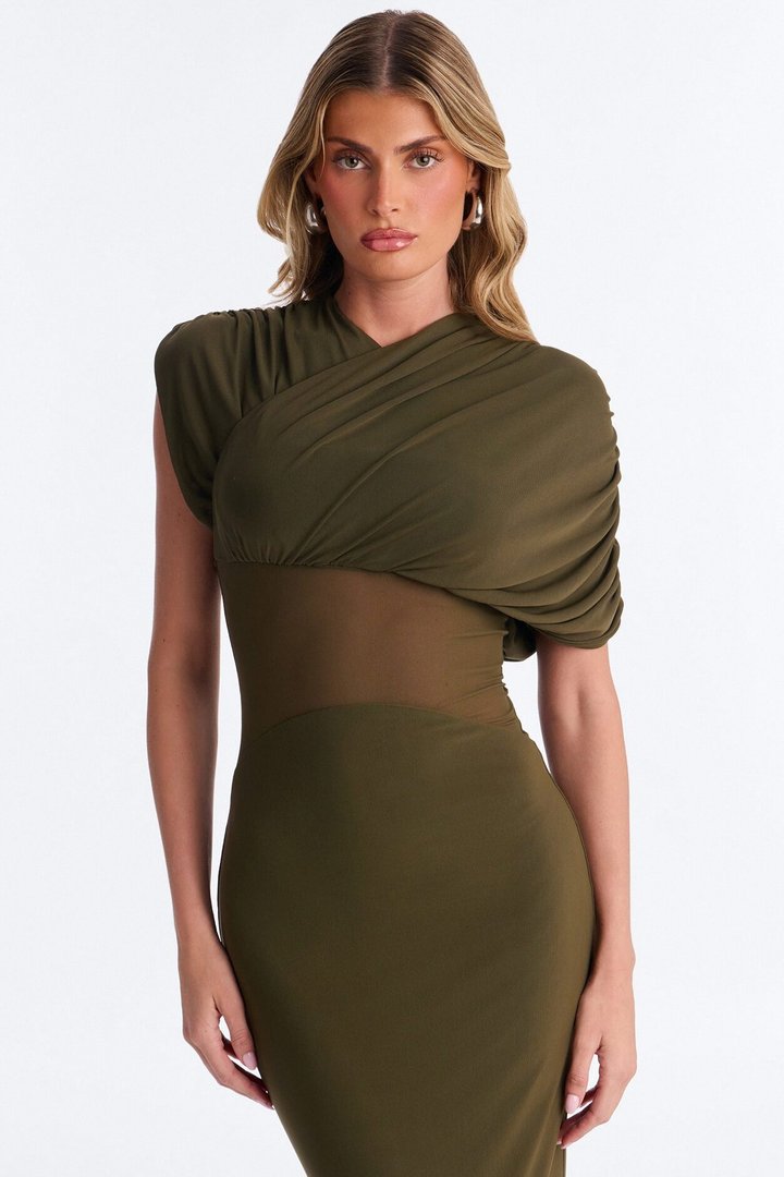 Naileah Draped Mesh Maxi Dress - Olive