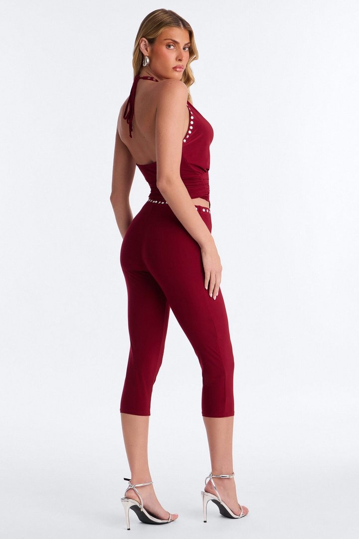 Jalene Halter Studded Capri Set - Burgundy
