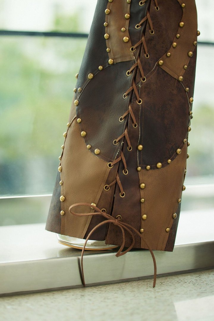 Night Claw Faux Leather Patchwork Flare Pants - Brown Combo