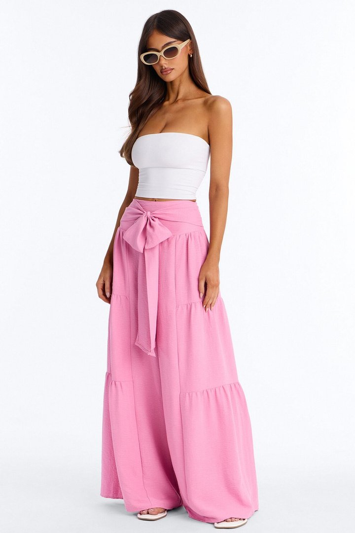 Tatiana Tiered Wide Leg Tie Waist Pant - Pink