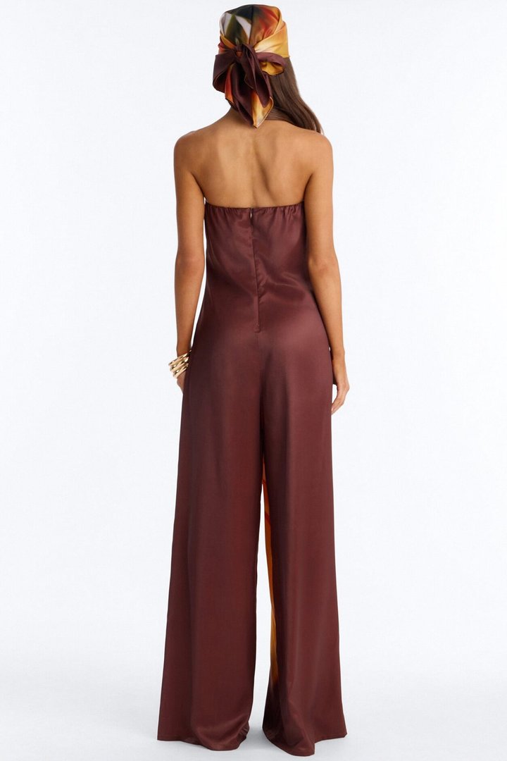 Sara Satin Head Scarf And Jumpsuit - Chocolate