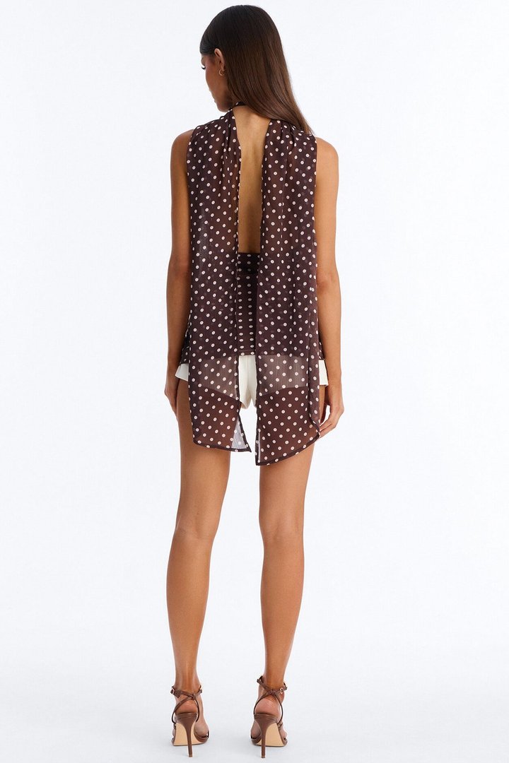 Meet Me In Paris Polka Dot Chiffon Scarf Top - Brown/combo