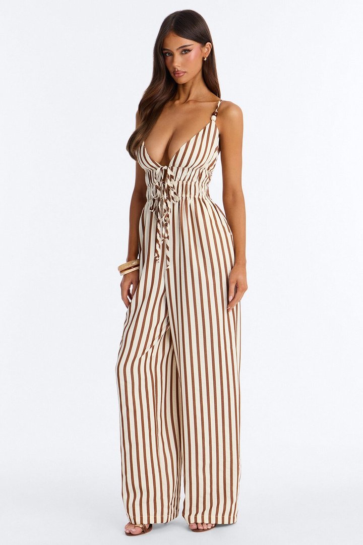 Taya Beaded Wide Leg Jumpsuit - Brown