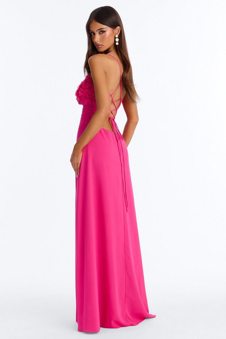 Pretty In Petals Chiffon Gown - Hot Pink