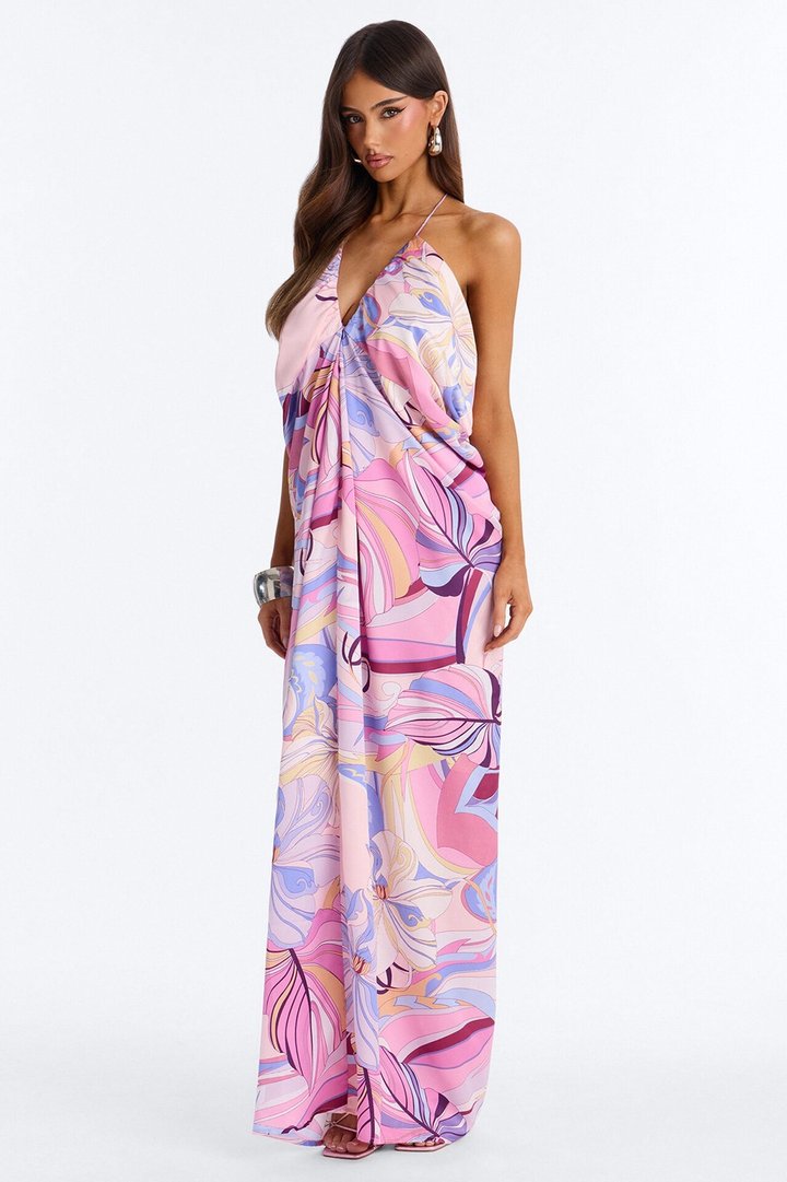 No Rush Draped Satin Maxi Dress - Purple/combo