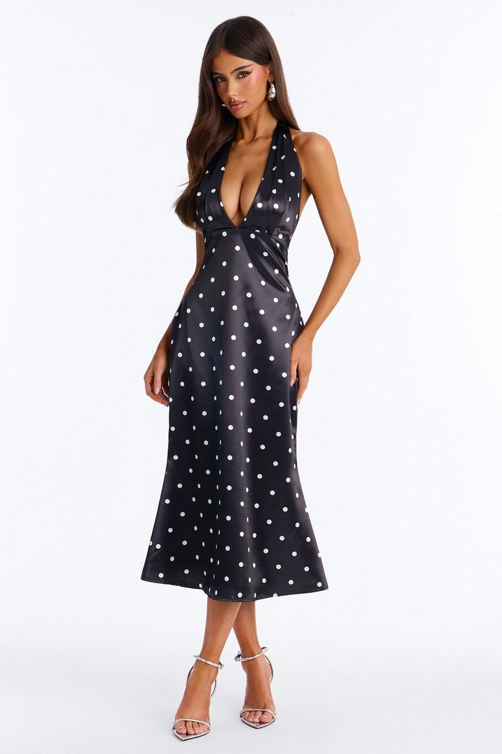 Celeste Satin Polka Dot Midi Dress - Black/White