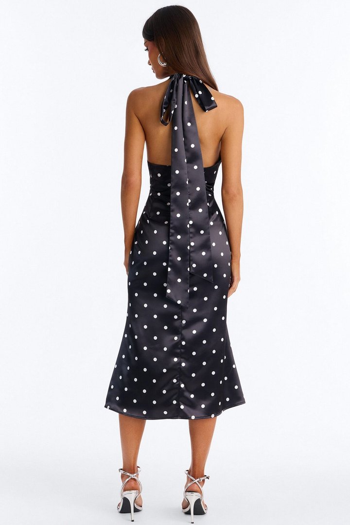 Celeste Satin Polka Dot Midi Dress - Black/White
