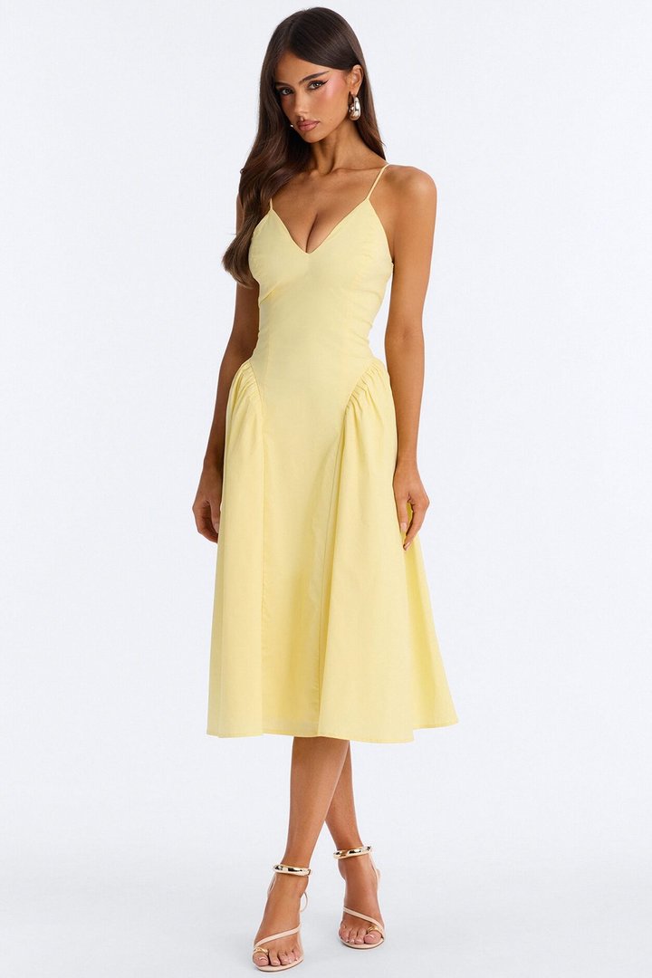 Whitney Pleated Poplin Midi Dress - Yellow