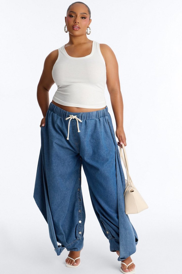 Ivy Tie Waist Balloon Leg Button Seam Pant - Medium Wash