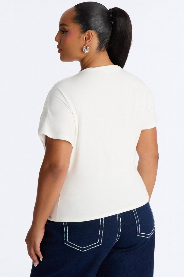 Janice Ruched Mock Neck Short Sleeve Tee - White