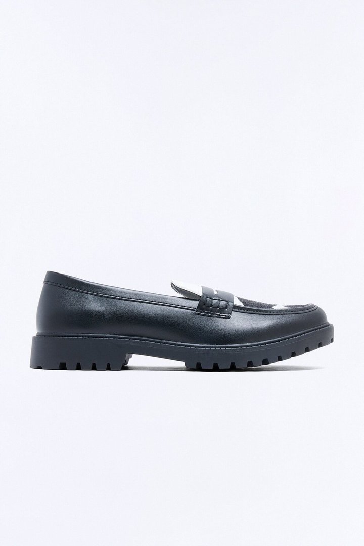 Faux Leather Cow Print Penny Strap Chunky Loafer - Black/White
