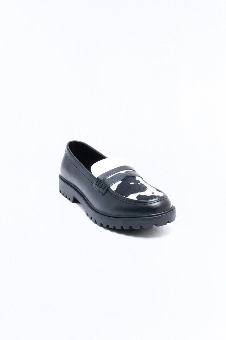 Faux Leather Cow Print Penny Strap Chunky Loafer - Black/White