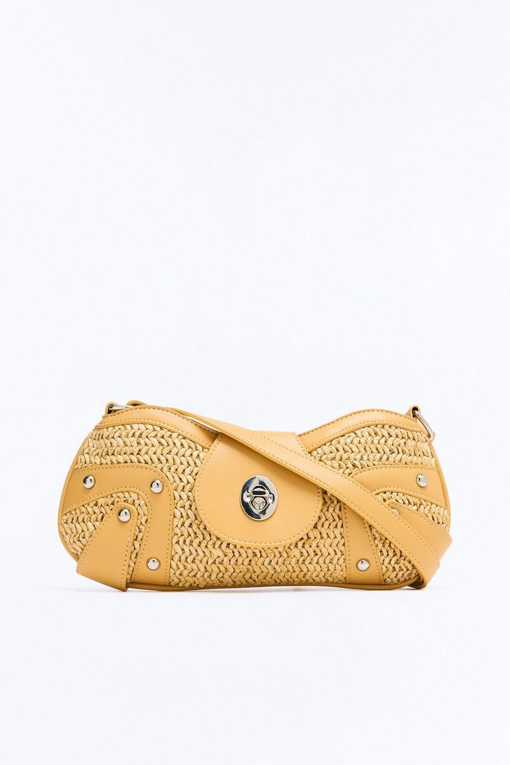 No Texts Or Calls Straw Shoulder Handbag - Cognac
