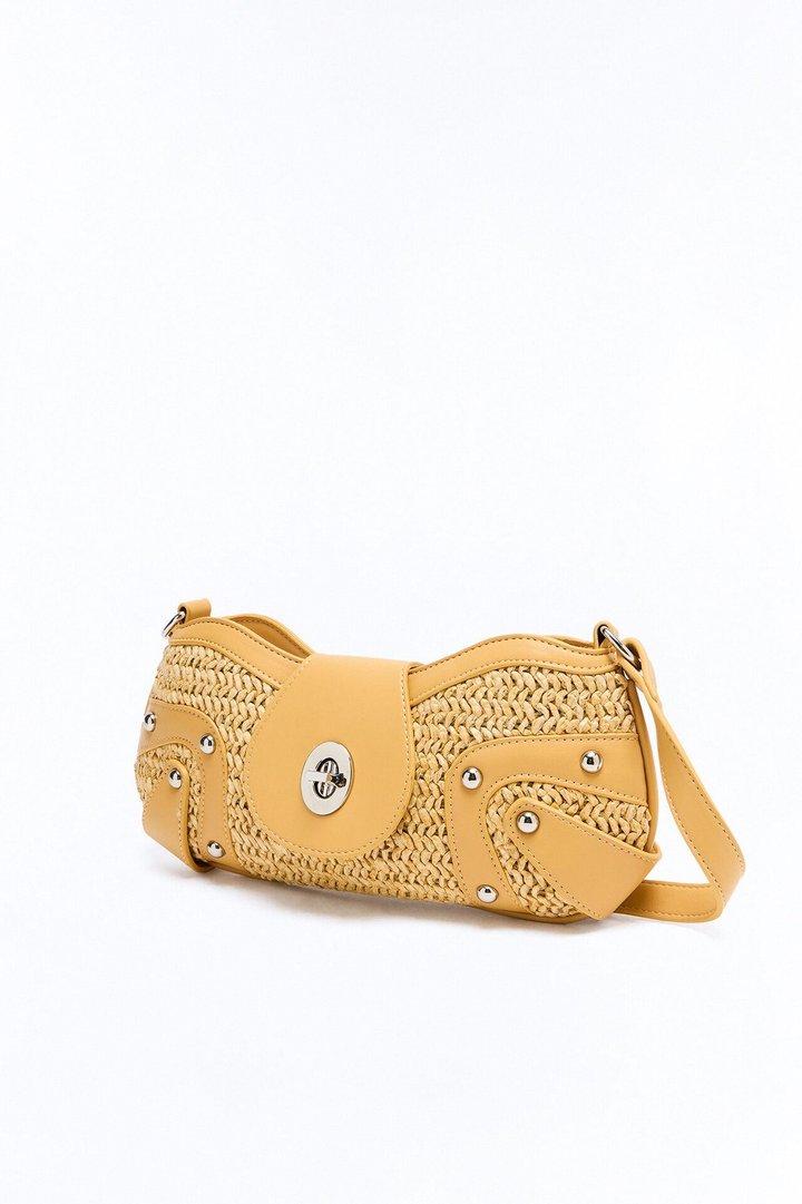 No Texts Or Calls Straw Shoulder Handbag - Cognac