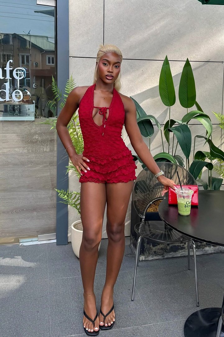 Fia Lace Halter Micro Short Romper - Red
