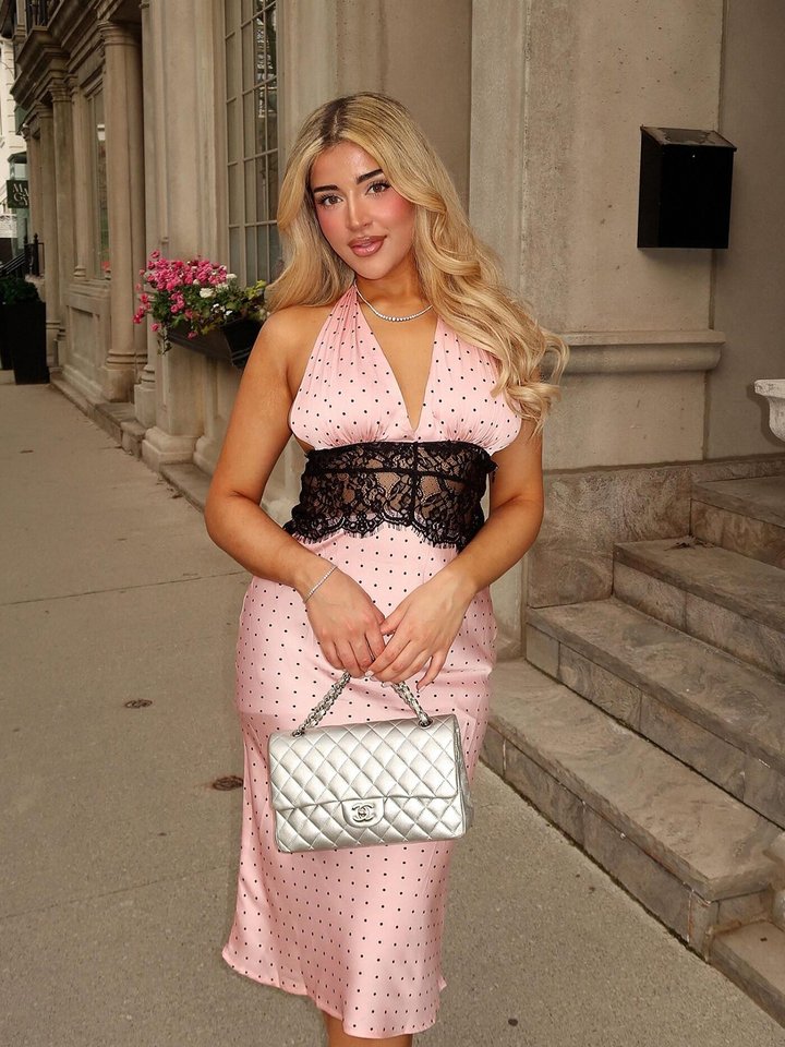 Jessica Polka Dot Lace Satin Midi Dress - Pink/combo