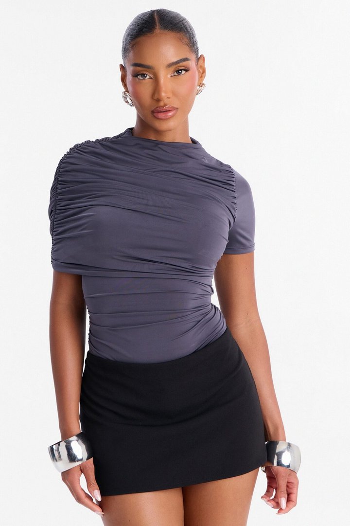 Paige Ruched Mock Neck Short Sleeve Bodysuit - Charcoal