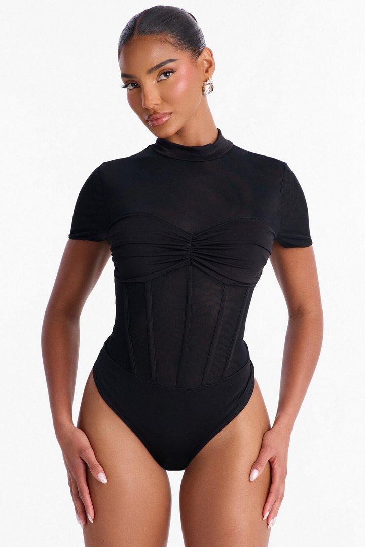 Fine Dined Mesh Mock Neck Corset Bodysuit - Black